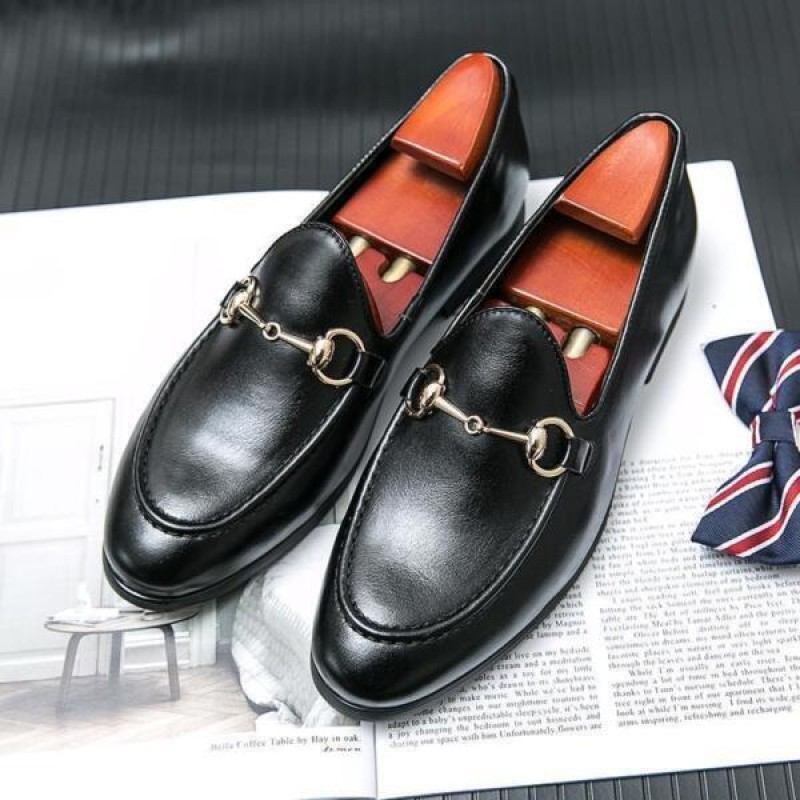 US7-14 Men's Leather Black Gold Buckle Dress Slip On Shoes Loafers Formal size