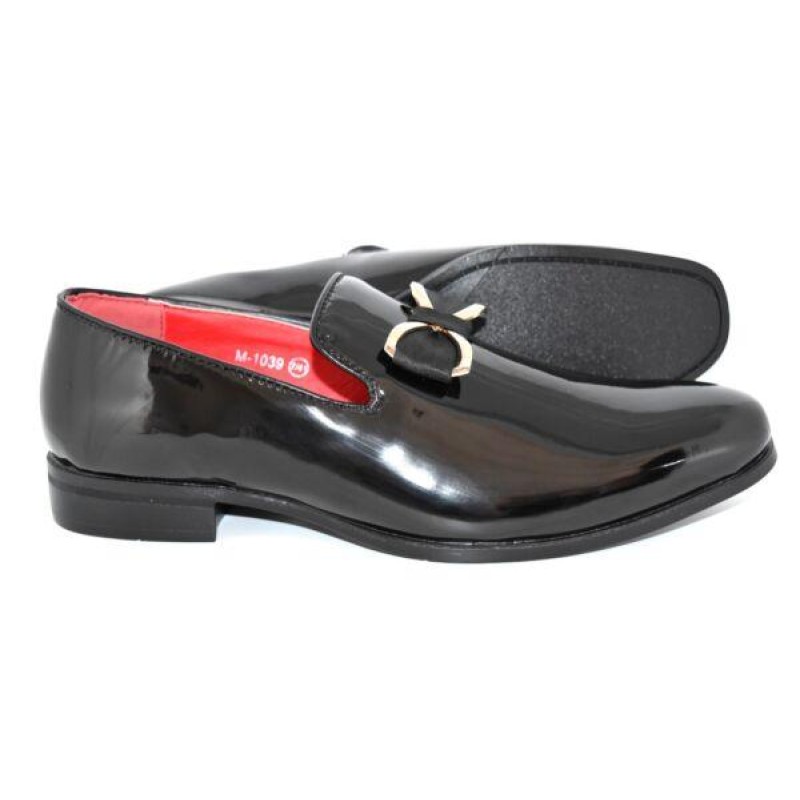 NEW MENS FAUX PATENT LEATHER BUCKLE BOW SLIP ON LOAFER DRESS SHOES UK SIZE 6-12