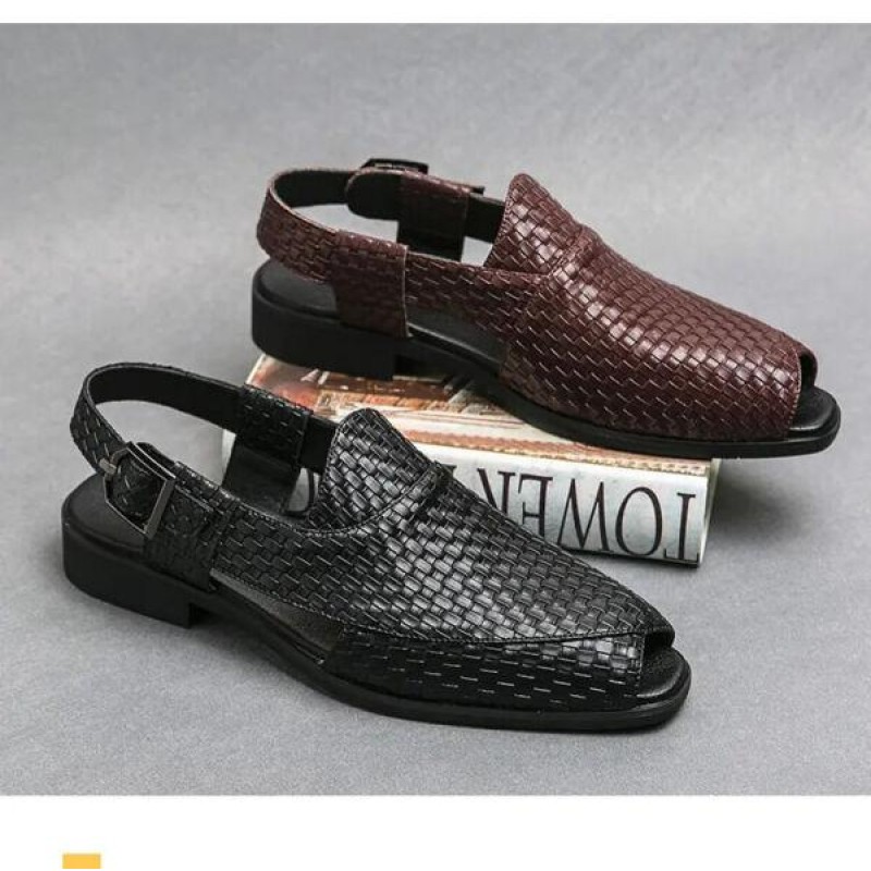 Mens Summer Leather Sandals Buckle On Peeptoe Weave Dress Loafer NEW Outdoor