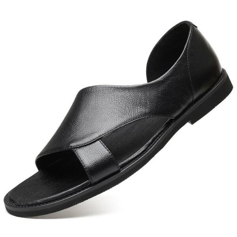 Men Summer Slip On Leather Black Solid Flat Sandals Round Open Toe Fashion Shoes