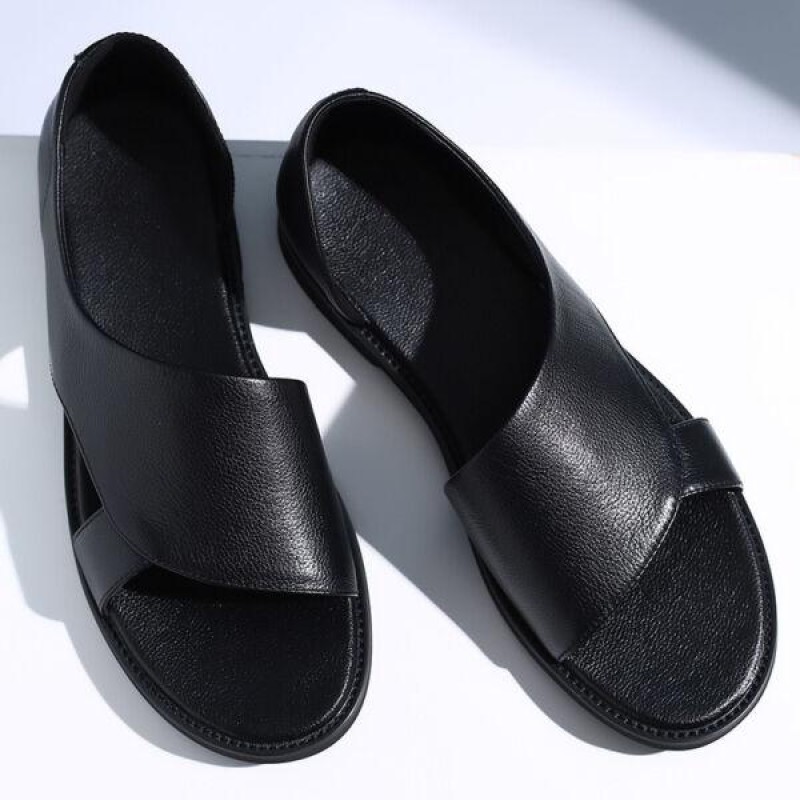 Men Summer Slip On Leather Black Solid Flat Sandals Round Open Toe Fashion Shoes