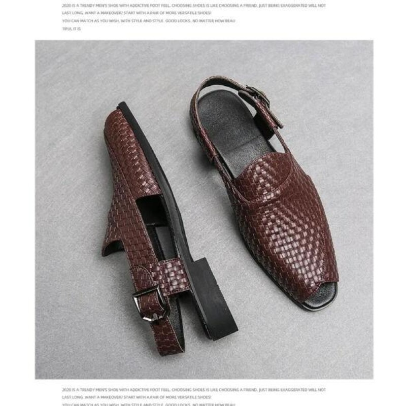 Mens Summer Leather Sandals Buckle On Peeptoe Weav...