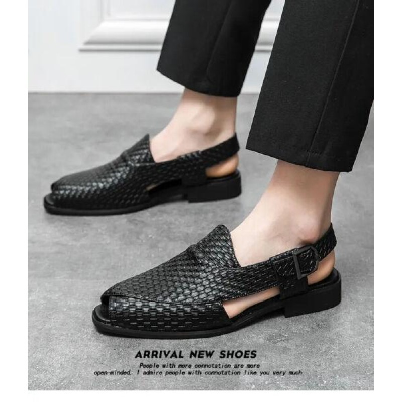 Mens Summer Leather Sandals Buckle On Peeptoe Weave Dress Loafer NEW Outdoor