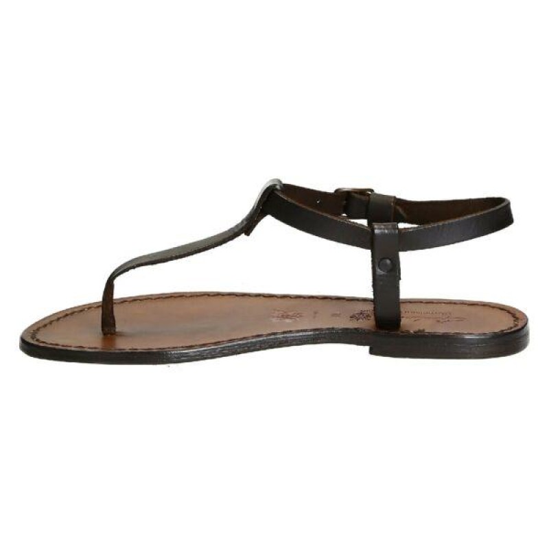 Women's flat T strap Thong sandals shoes in Dark Brown Leather handmade in Italy