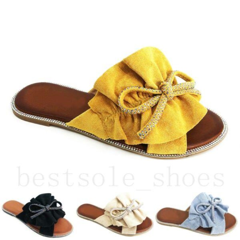 LADIES WOMEN FLAT SUMMER BEACH BOW SLIDERS SLIP ON MULE FASHION SANDALS SHOES SZ