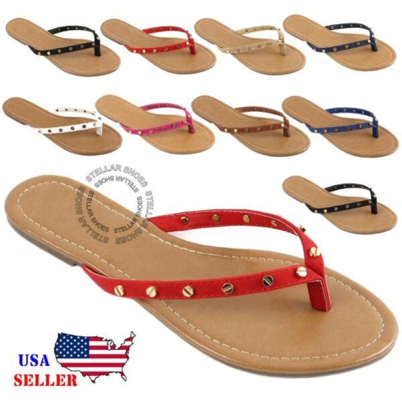 [NEW] Women's Summer Sandals Gold Plated Studs Flip Flops Sandals