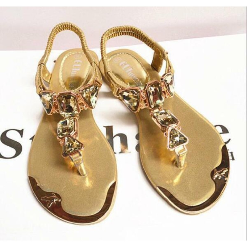 Womens Bohemia Gladiator Bling Rhinestone Flat Tho...