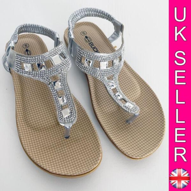 LADIES WOMENS DIAMANTE FLAT SANDALS COMFY ELASTIC STRAP SUMMER BEACH SHOES SIZE