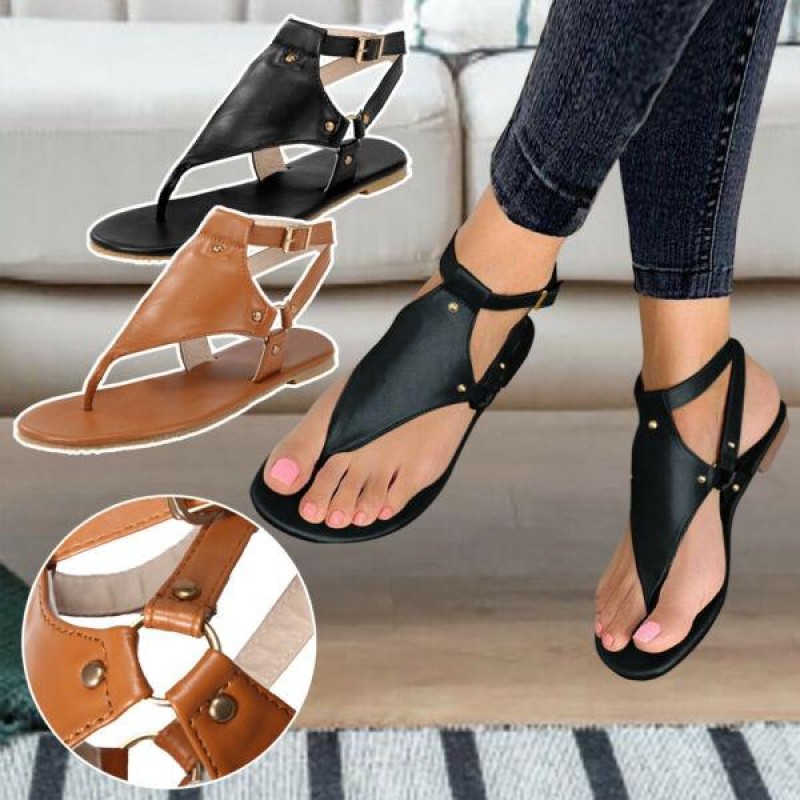 US WOMEN'S OPEN TOE THONG SANDALS SUMMER FLIP FLOP1ANKLE STRAP BUCKLE FLAT SHOES