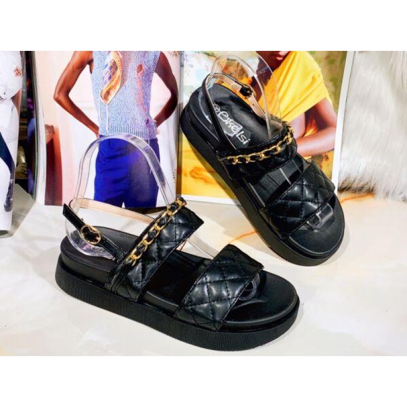 LADIES WOMENS FLAT CHAIN BUCKLE CHUNKY FLATFORM SLIP ON SANDALS HOLIDAY SHOES